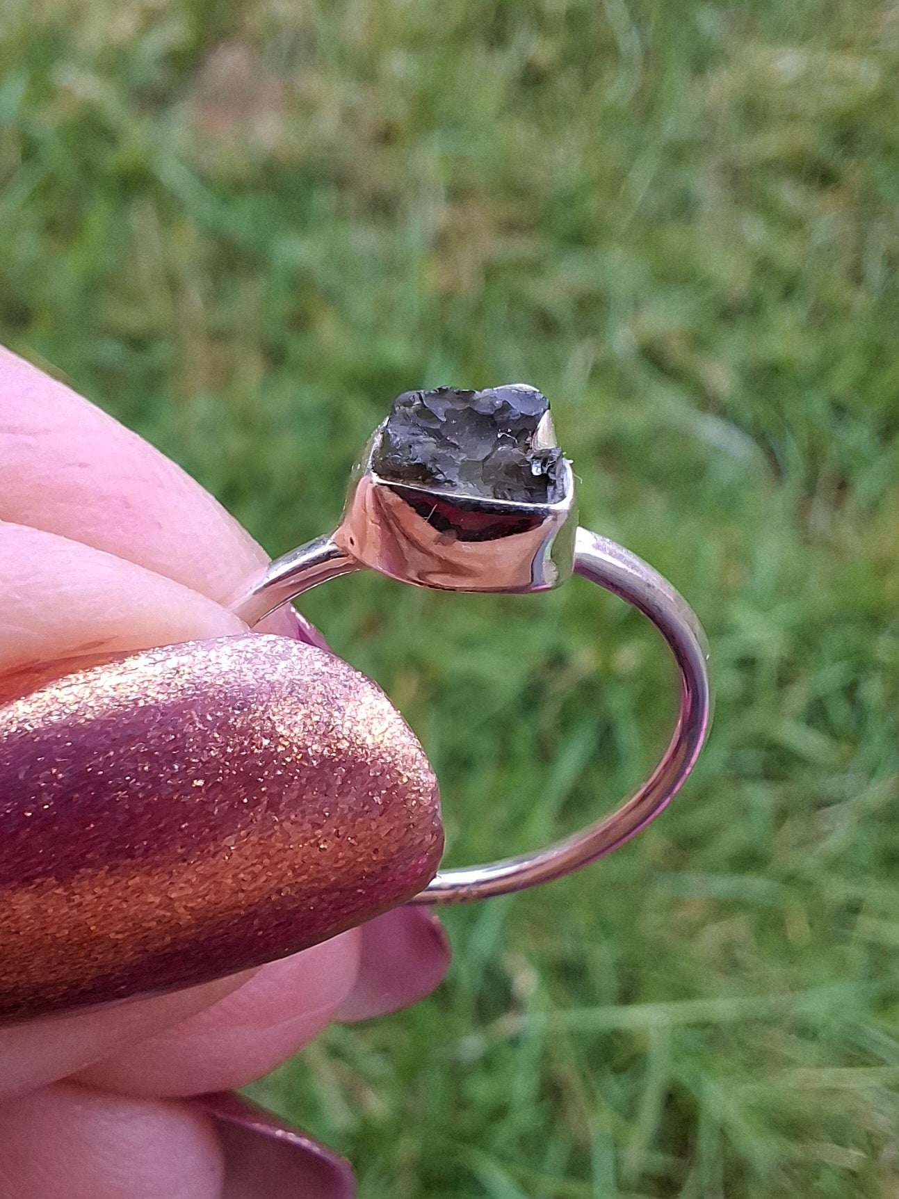 Moldavite Ring, Size small L, 925 Silver, Tektite (Ref: R34)