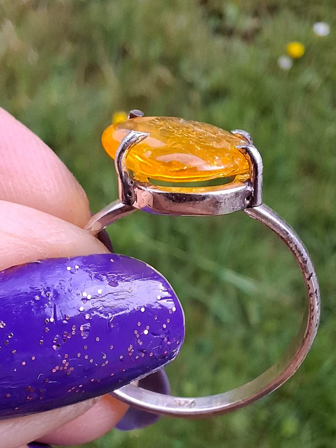 Baltic Amber Ring, size large R, 925 Silver, Fossil (Ref: AR17)