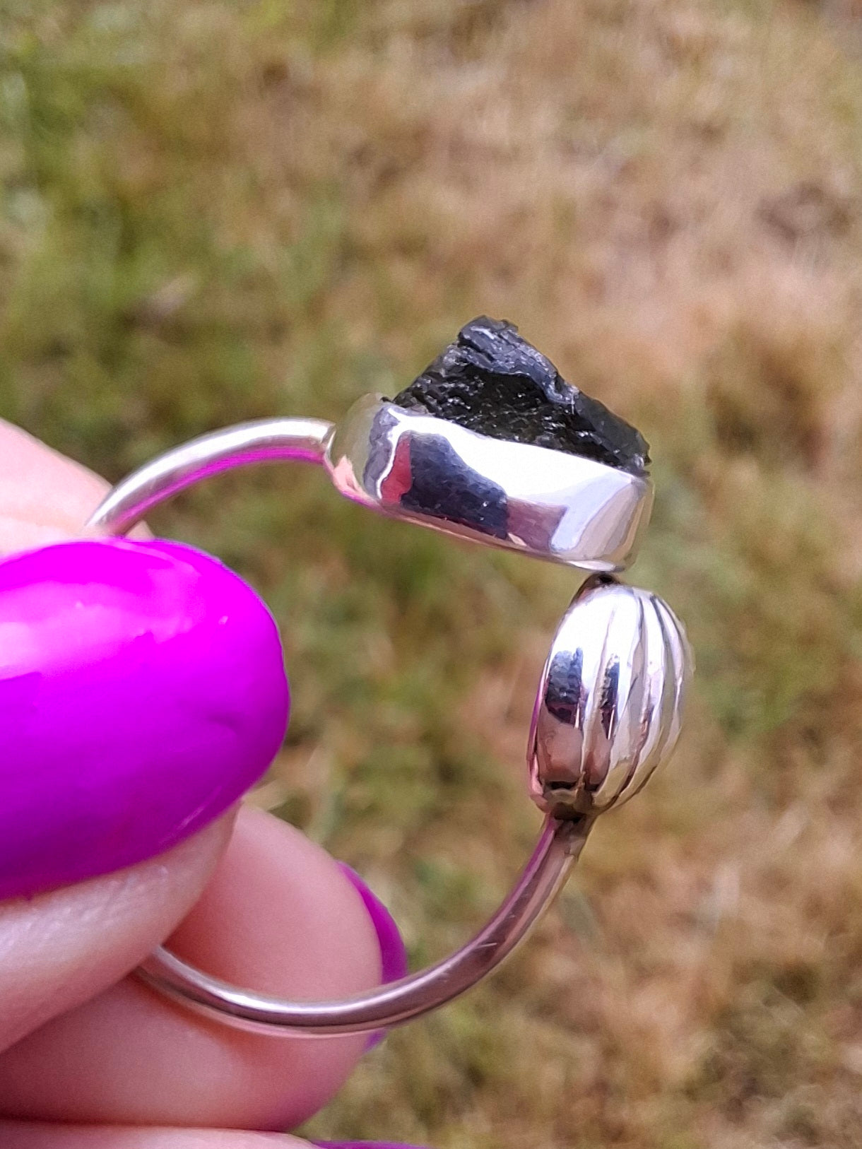 Moldavite ADJUSTABLE Ring, size large V/small W, 925 Silver, Tektite (Ref: AR51)