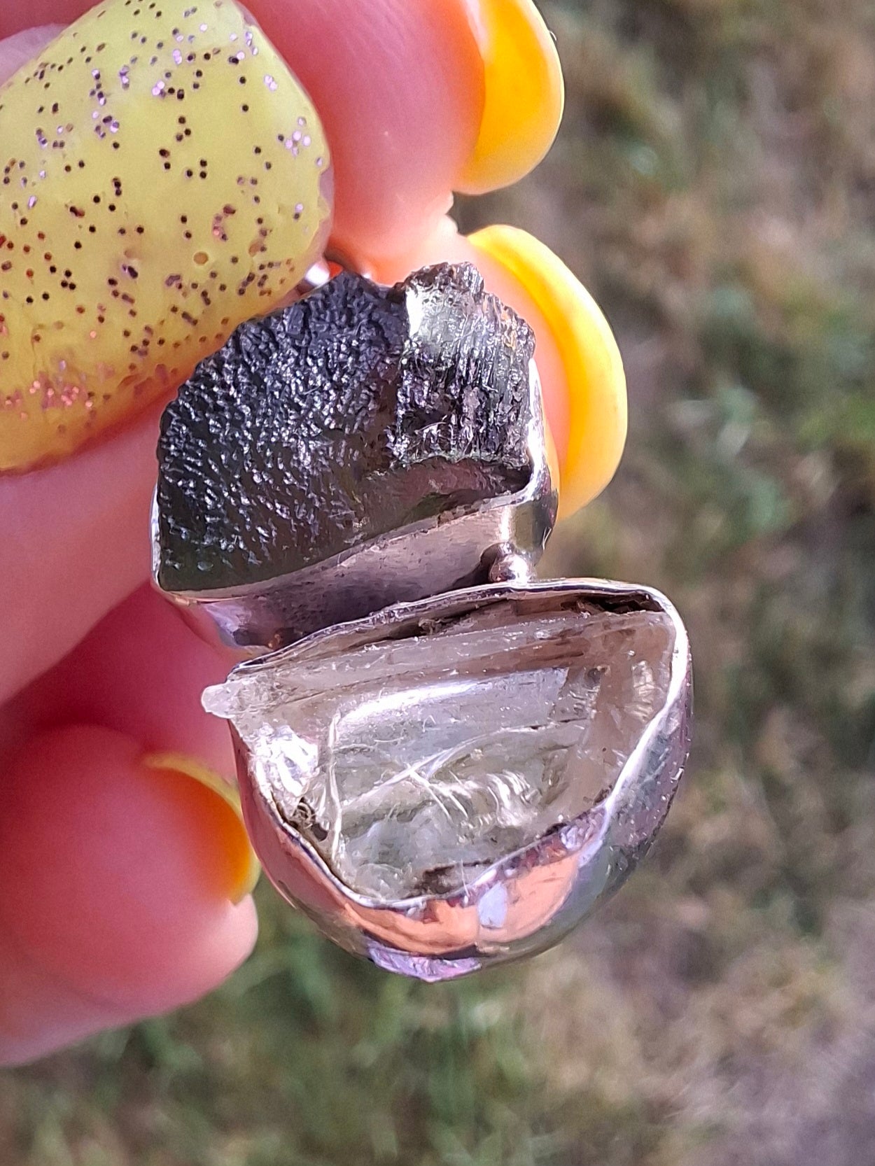 Moldavite & Libyan Desert Glass Pendant, 925 Silver, Tektite (Ref: MLP17)