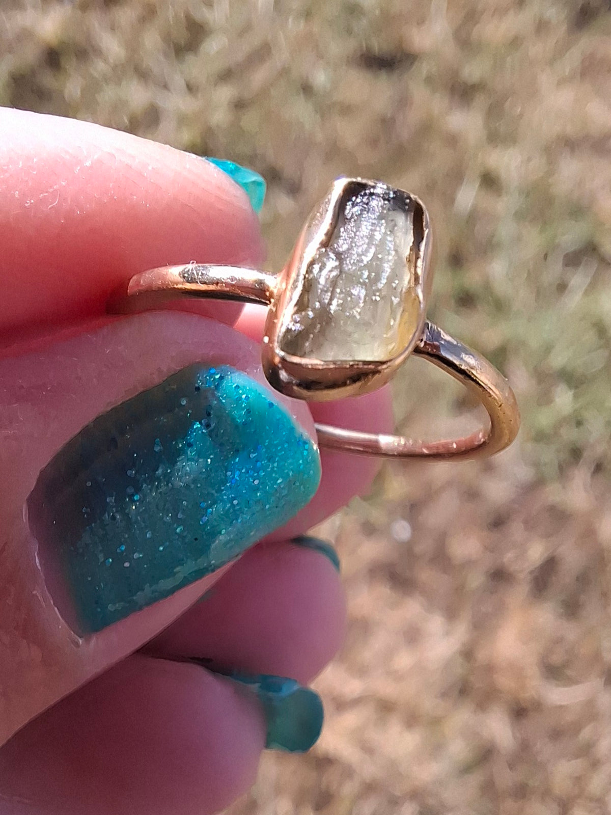 Moldavite Ring, 14K GOLD Plated, size large M, Tektite (Ref: R341)