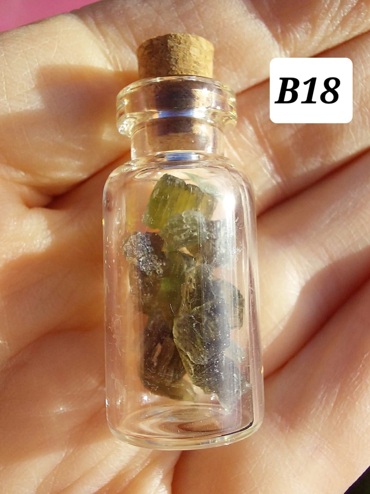 Moldavite chips (2.00g) in 3ml glass Bottle, Tektite (Ref: B18)