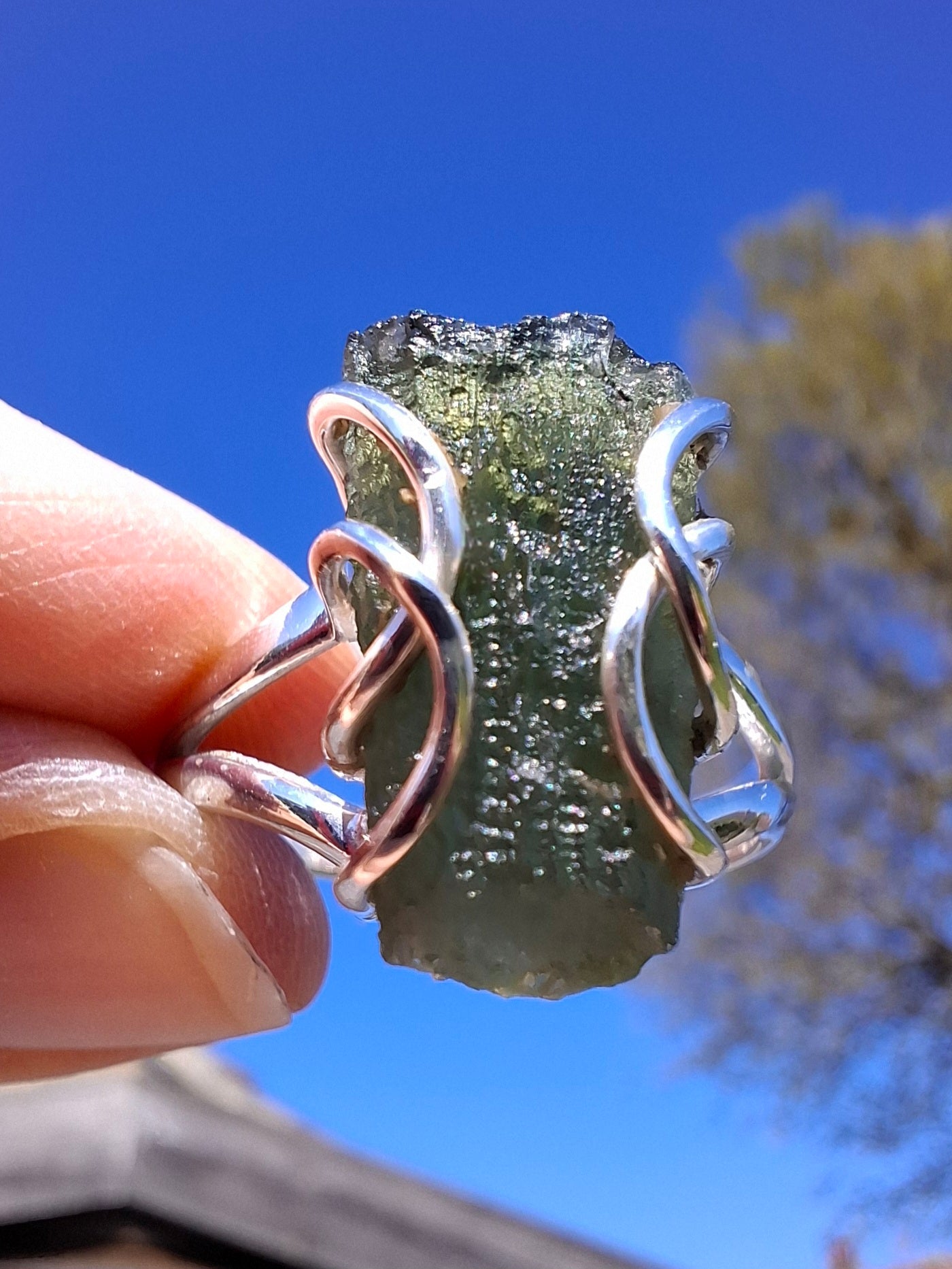 Moldavite Ring, size W, 925 Silver, Tektite (Ref: R15)