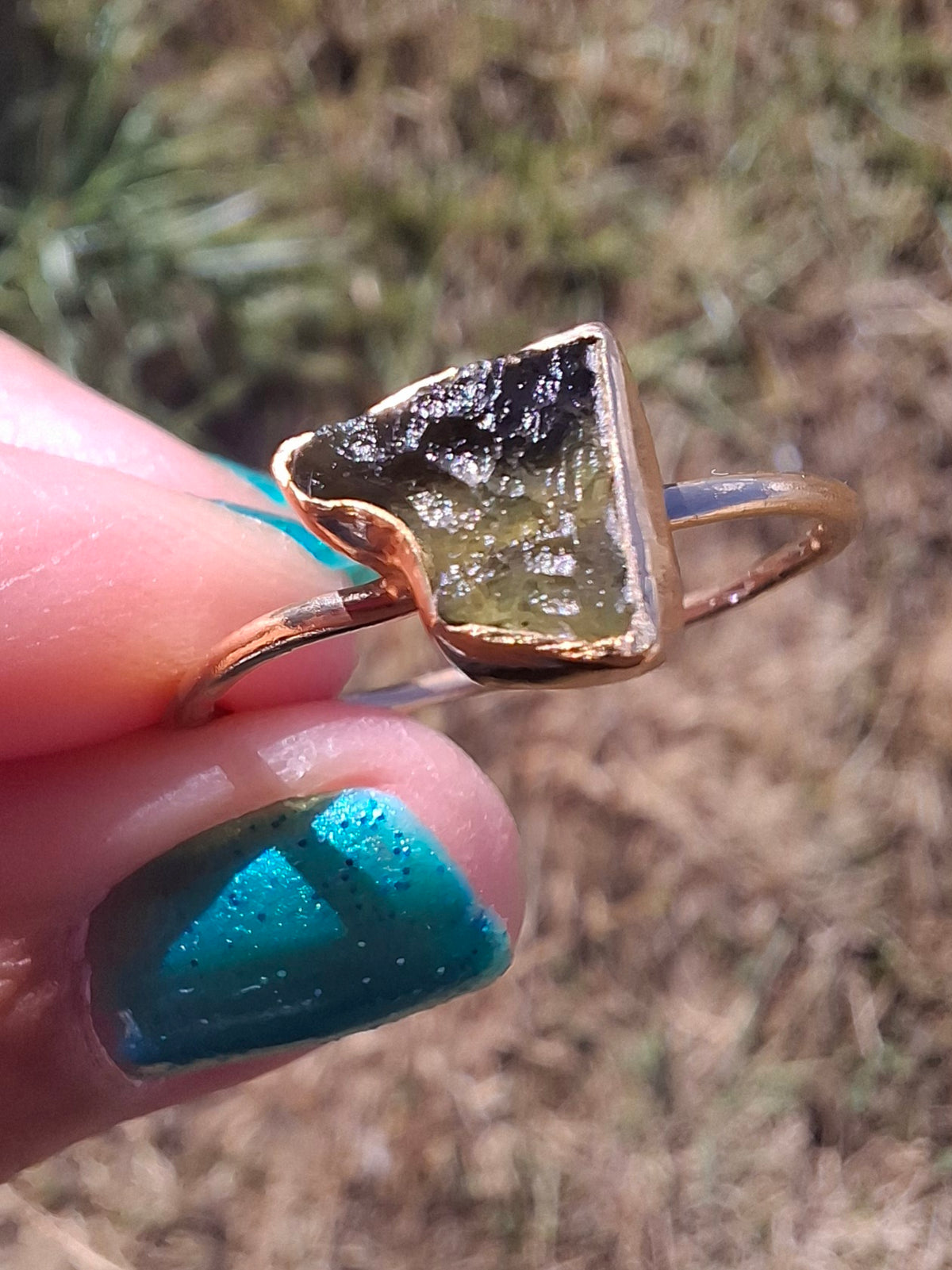 Moldavite Ring, 14K GOLD Plated, size large U, Tektite (Ref: R351)