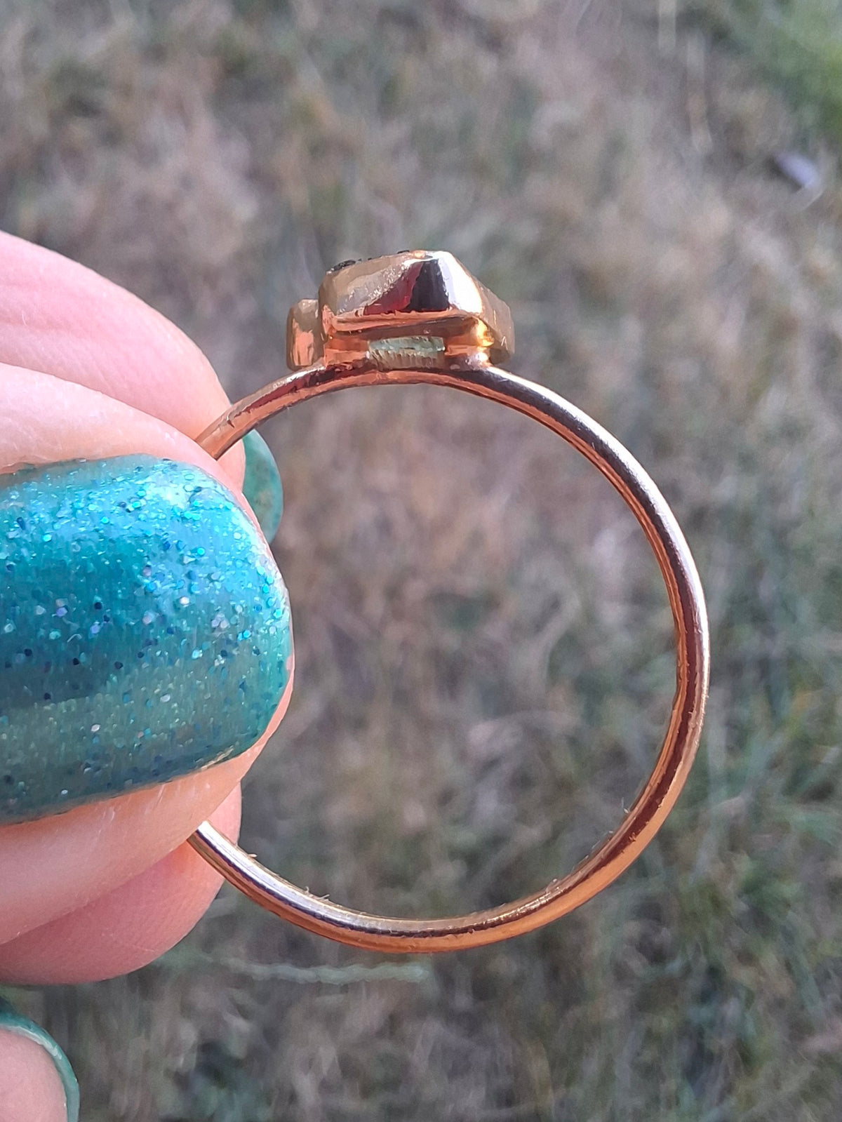 Moldavite Ring, 14K GOLD Plated, size large U, Tektite (Ref: R351)