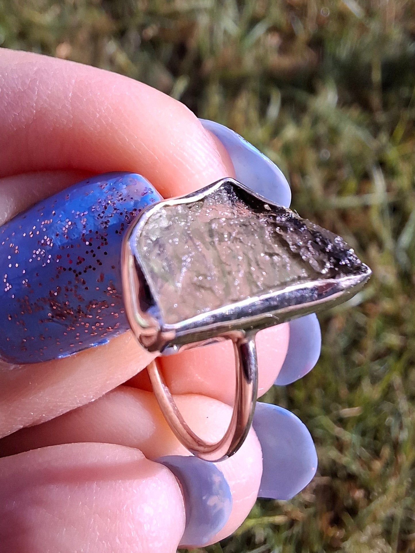 Moldavite Ring, size large M, 925 Silver, Tektite (Ref: R24)