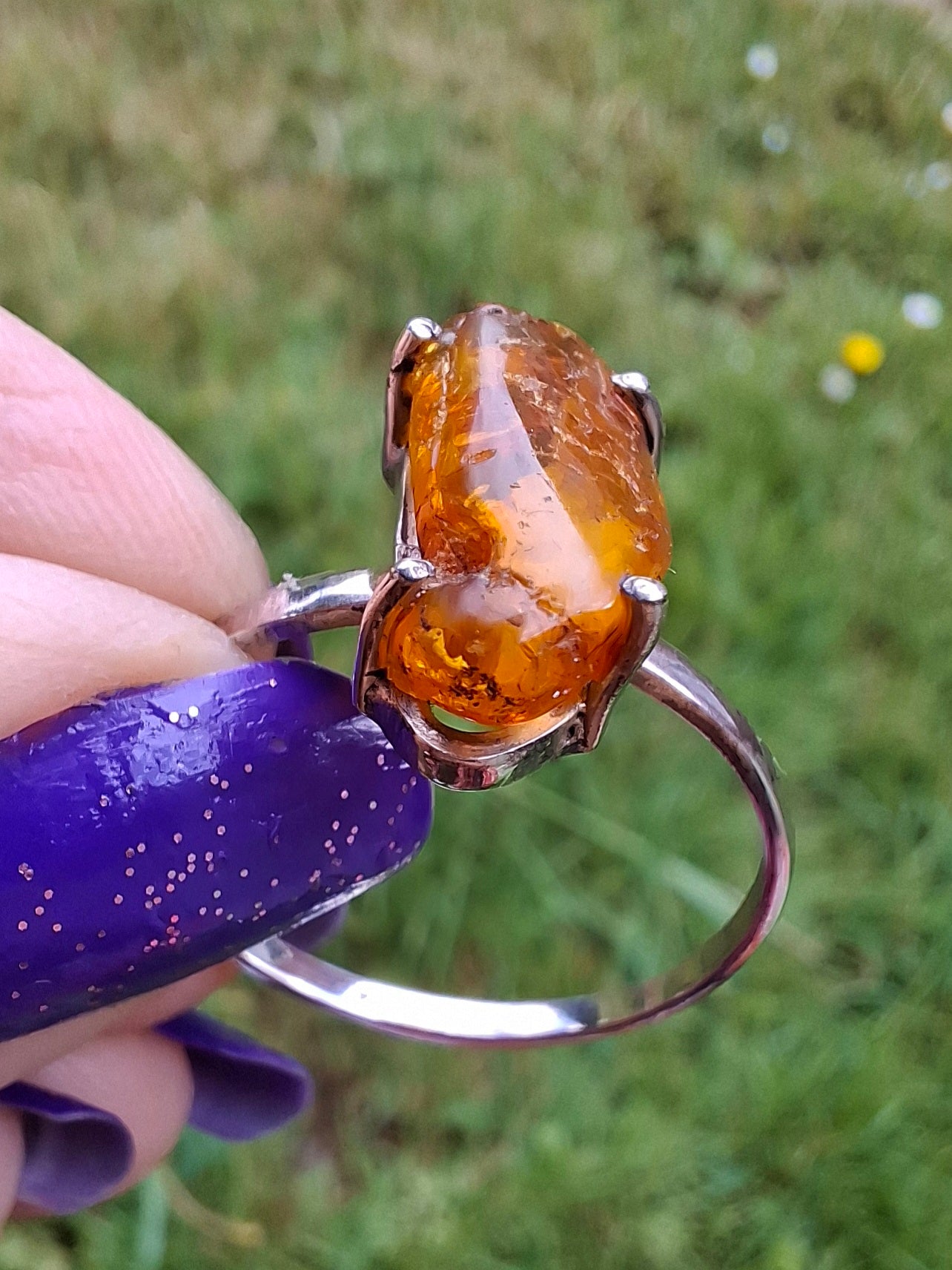 Baltic Amber Ring, size large Y, 925 Silver, Fossil (Ref: AR22)