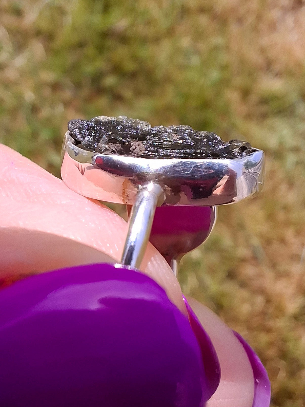 Moldavite ADJUSTABLE Ring, size large O, 925 Silver, Tektite (Ref: AR44)