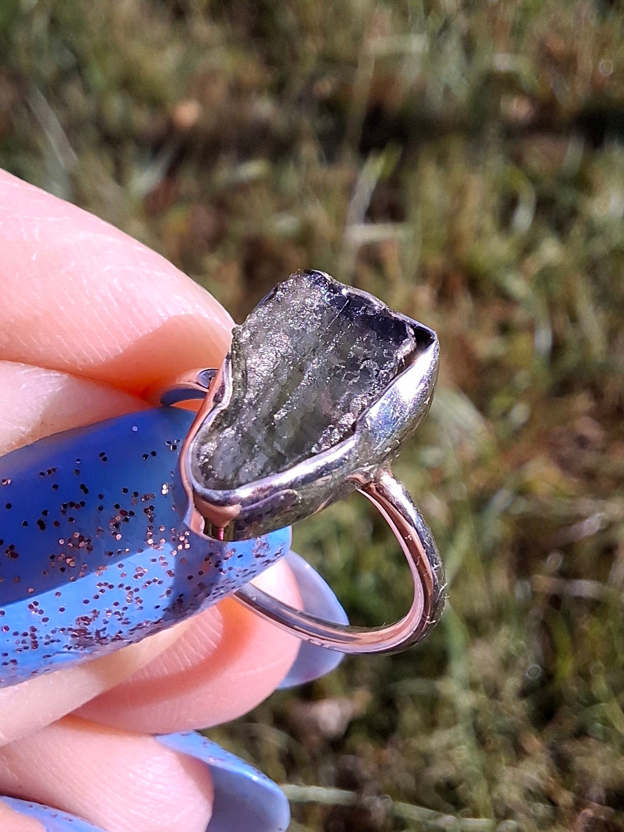Moldavite Ring, size Large G, 925 Silver, Tektite (Ref: R18)