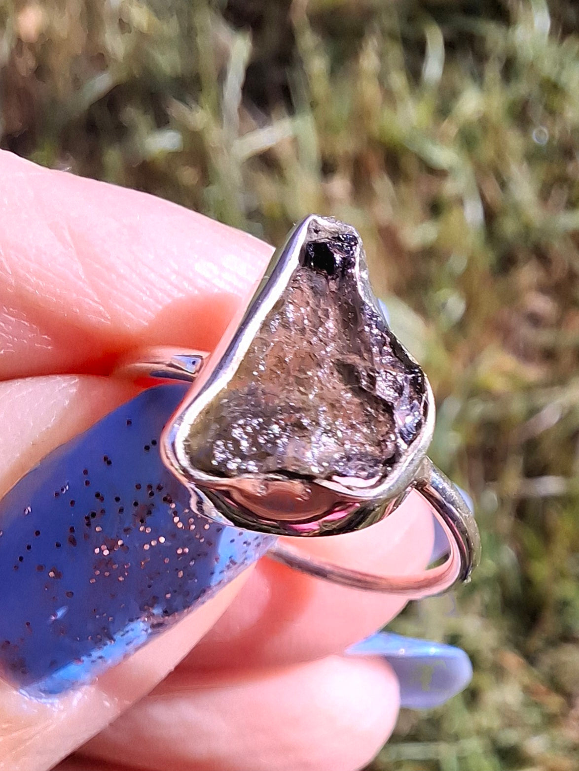 Moldavite Ring, size large M, 925 Silver, Tektite (Ref: R23)