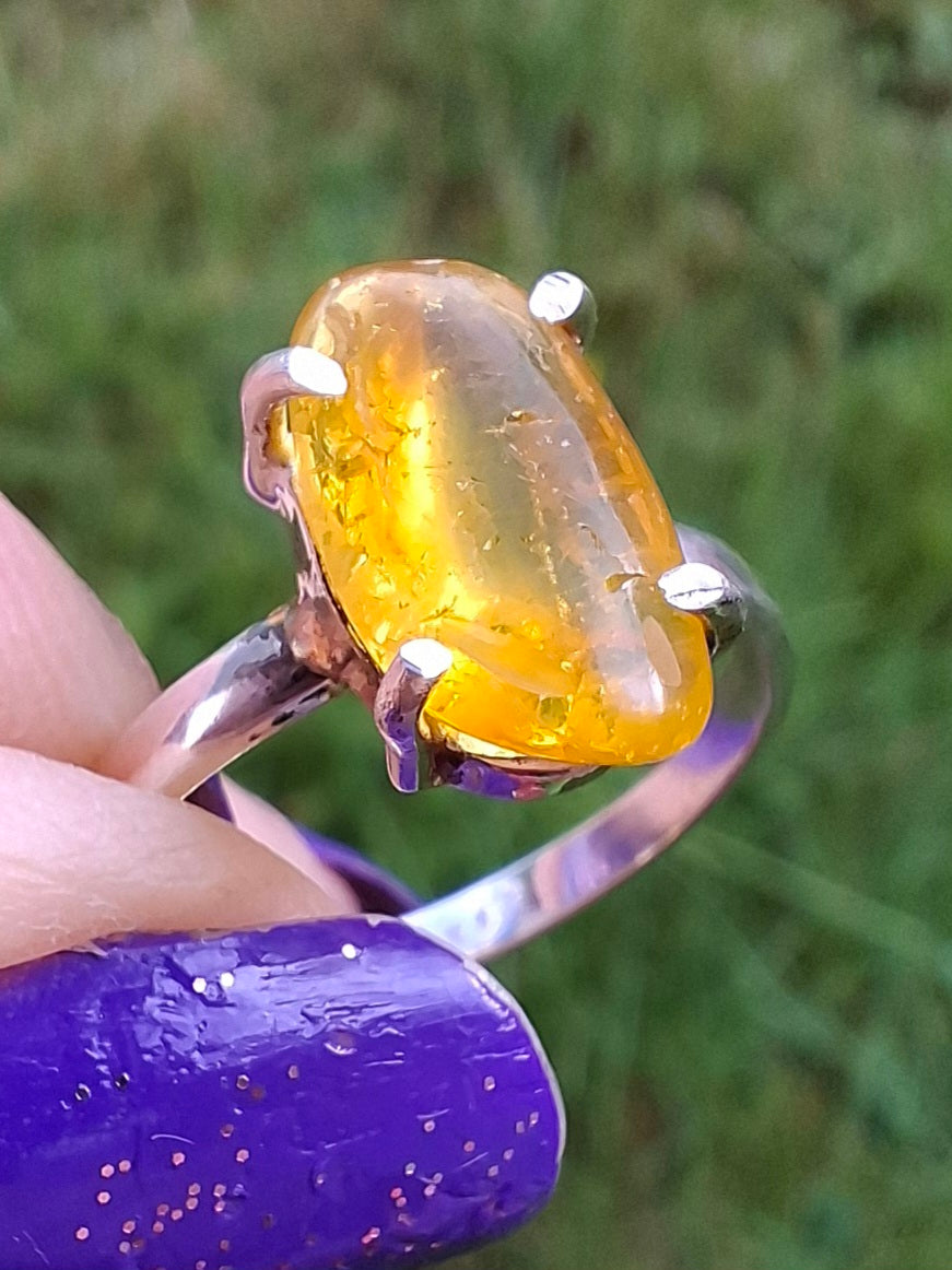 Baltic Amber Ring, size O, 925 Silver, Fossil (Ref: AR11)