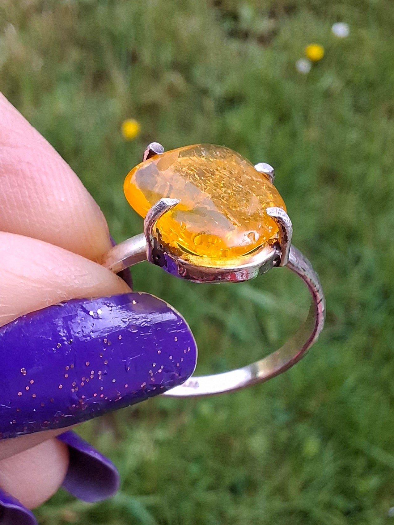 Baltic Amber Ring, size large R, 925 Silver, Fossil (Ref: AR17)