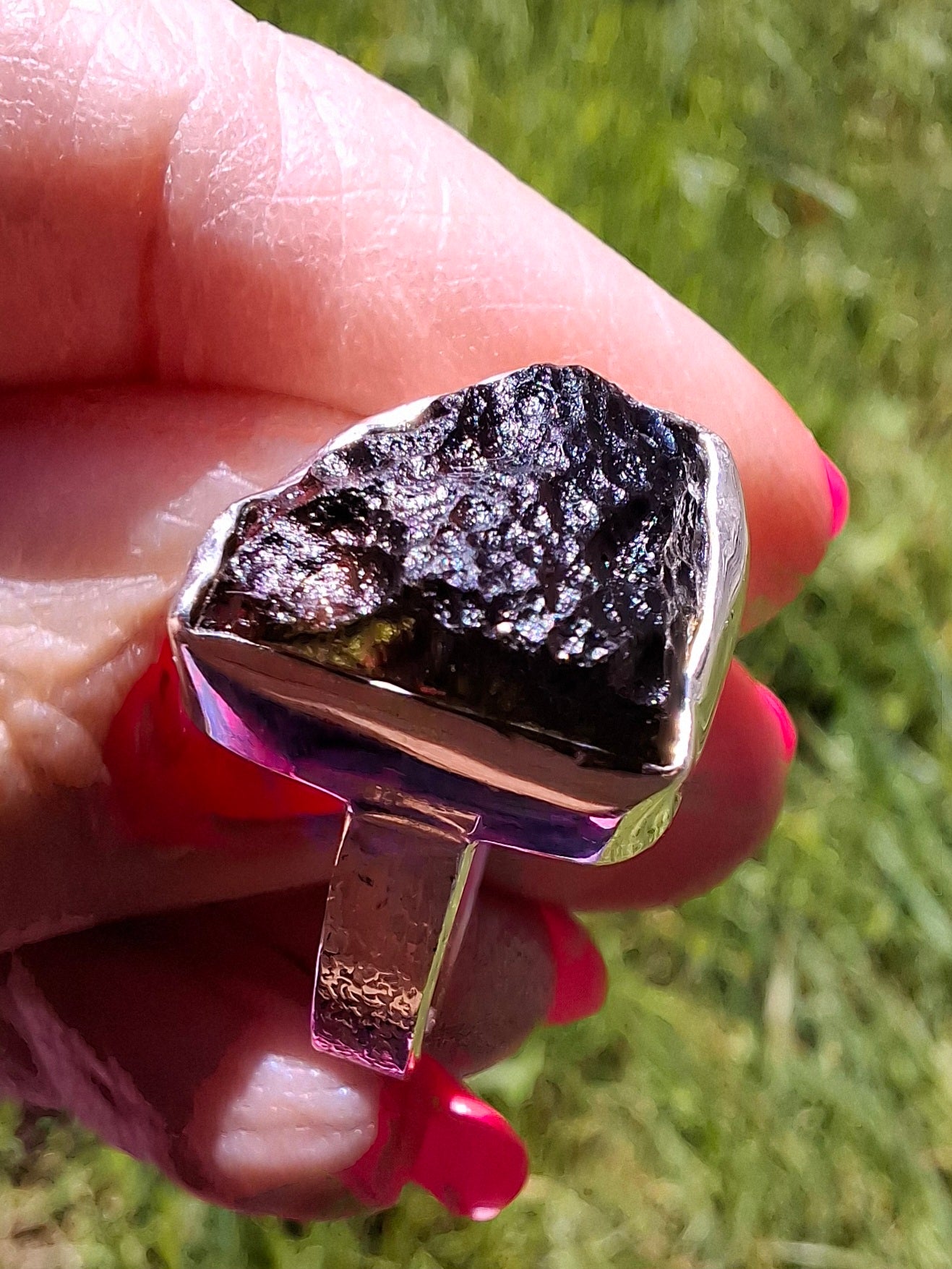 Moldavite Ring, size P, 925 Silver, Tektite (Ref: R314)