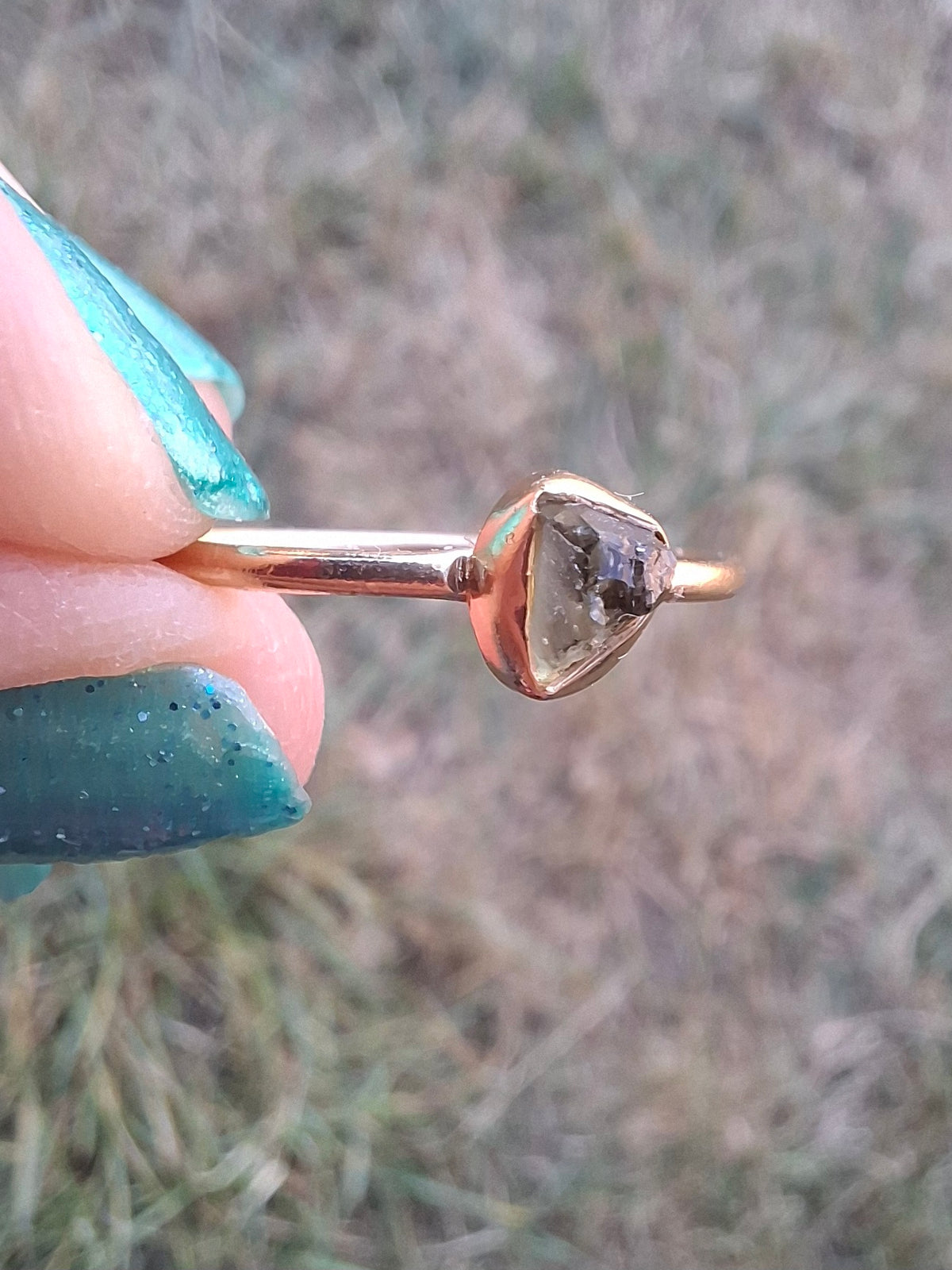 Moldavite Ring, 14K GOLD Plated, size large S / small T, Tektite (Ref: R352)