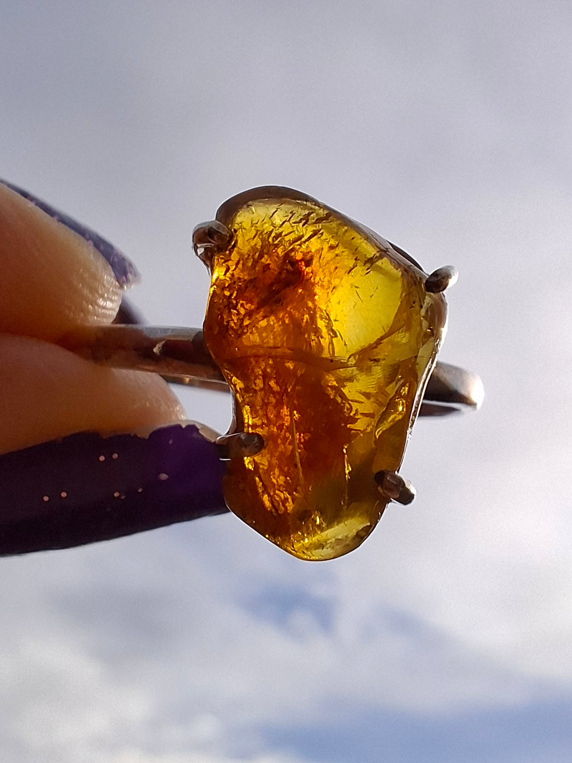 Baltic Amber Ring, size large X, 925 Silver, Fossil (Ref: AR36)