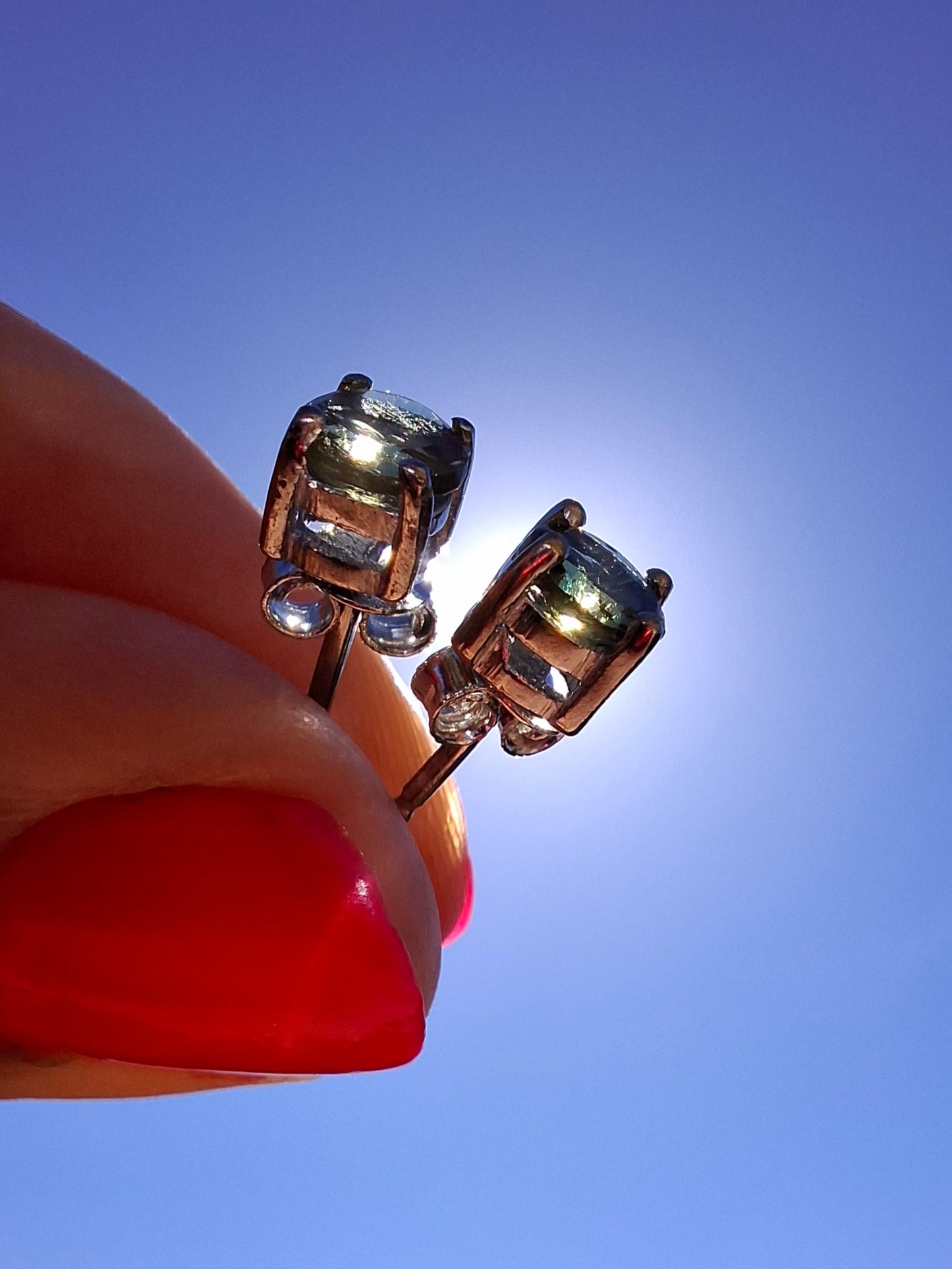 Moldavite (faceted), 5mm STUD EARRINGS, 925 Silver, Tektite (Ref: Pair52)