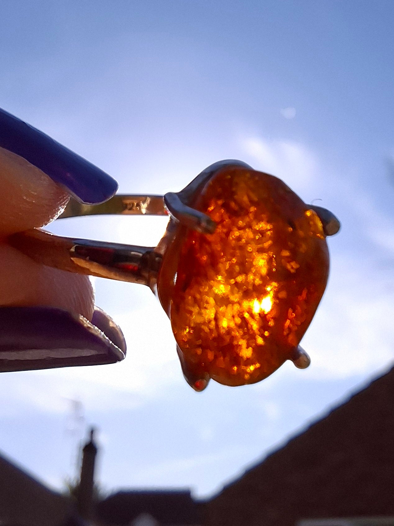 Baltic Amber Ring, size large X, 925 Silver, Fossil (Ref: AR32)