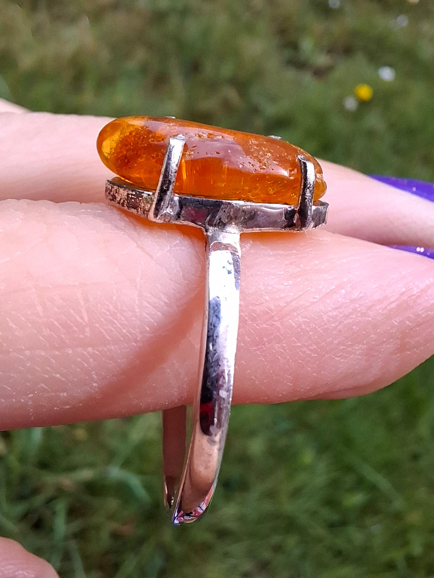 Baltic Amber Ring, size large T/small U, 925 Silver, Fossil (Ref: AR19)