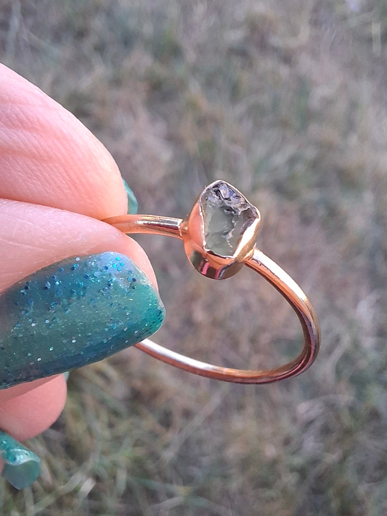 Moldavite Ring, 14K GOLD Plated, size large T, Tektite (Ref: R350)