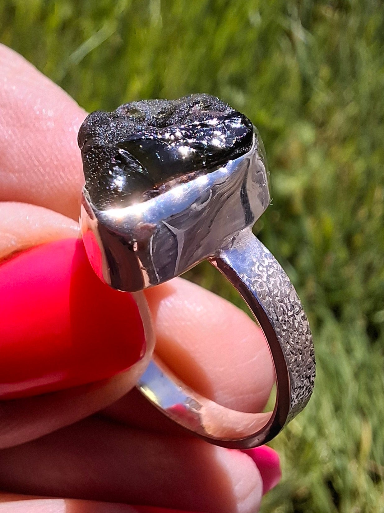 Moldavite Ring, size R, 925 Silver, Tektite (Ref: R317)
