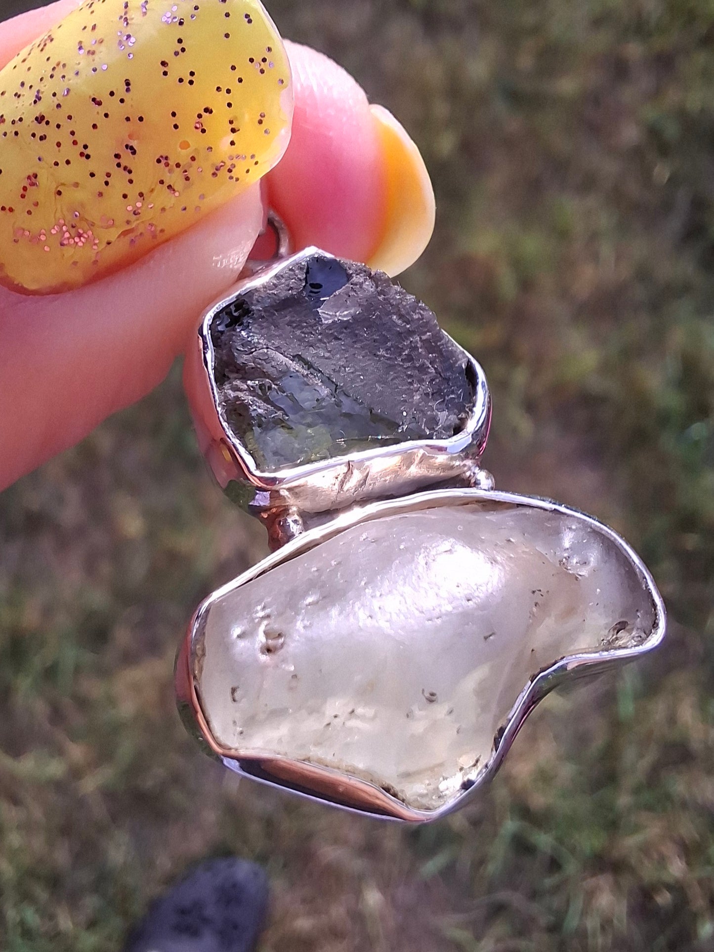 Moldavite & Libyan Desert Glass Pendant, 925 Silver, Tektite (Ref: MLP10)