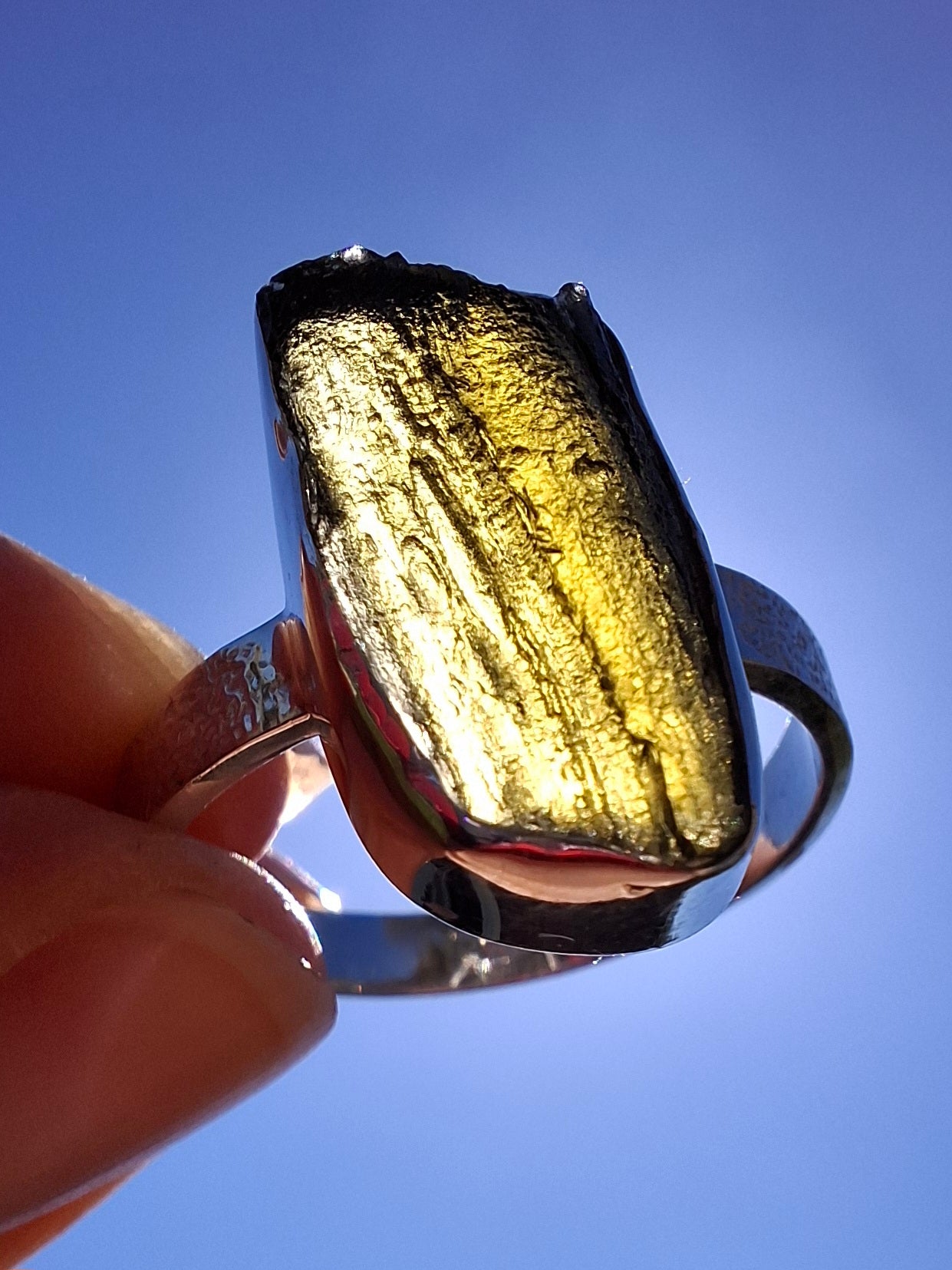 Moldavite Ring, size large Y/small Z, 925 Silver, Tektite (Ref: R332)