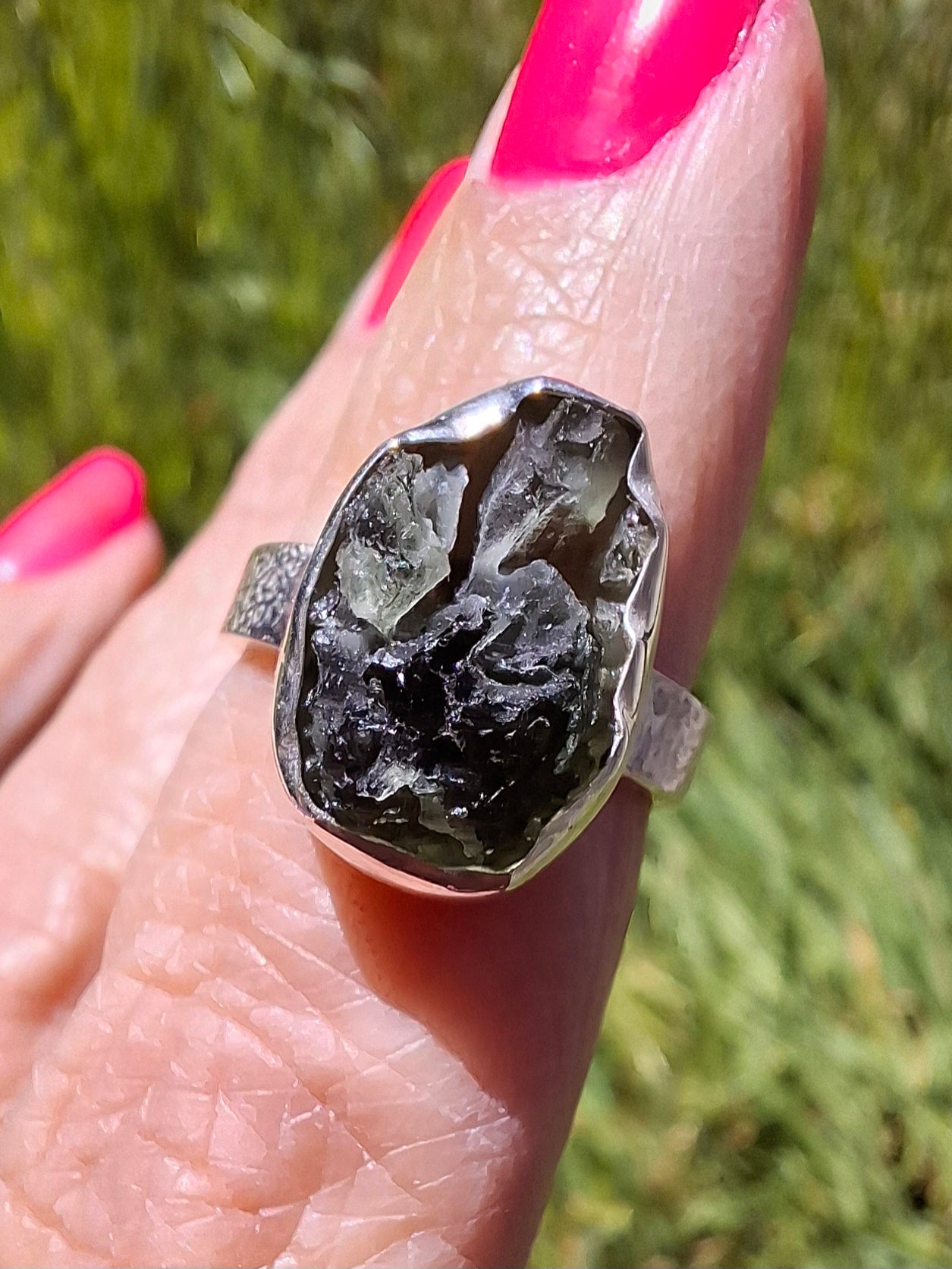 Moldavite Ring, size H, 925 Silver, Tektite (Ref: R294)