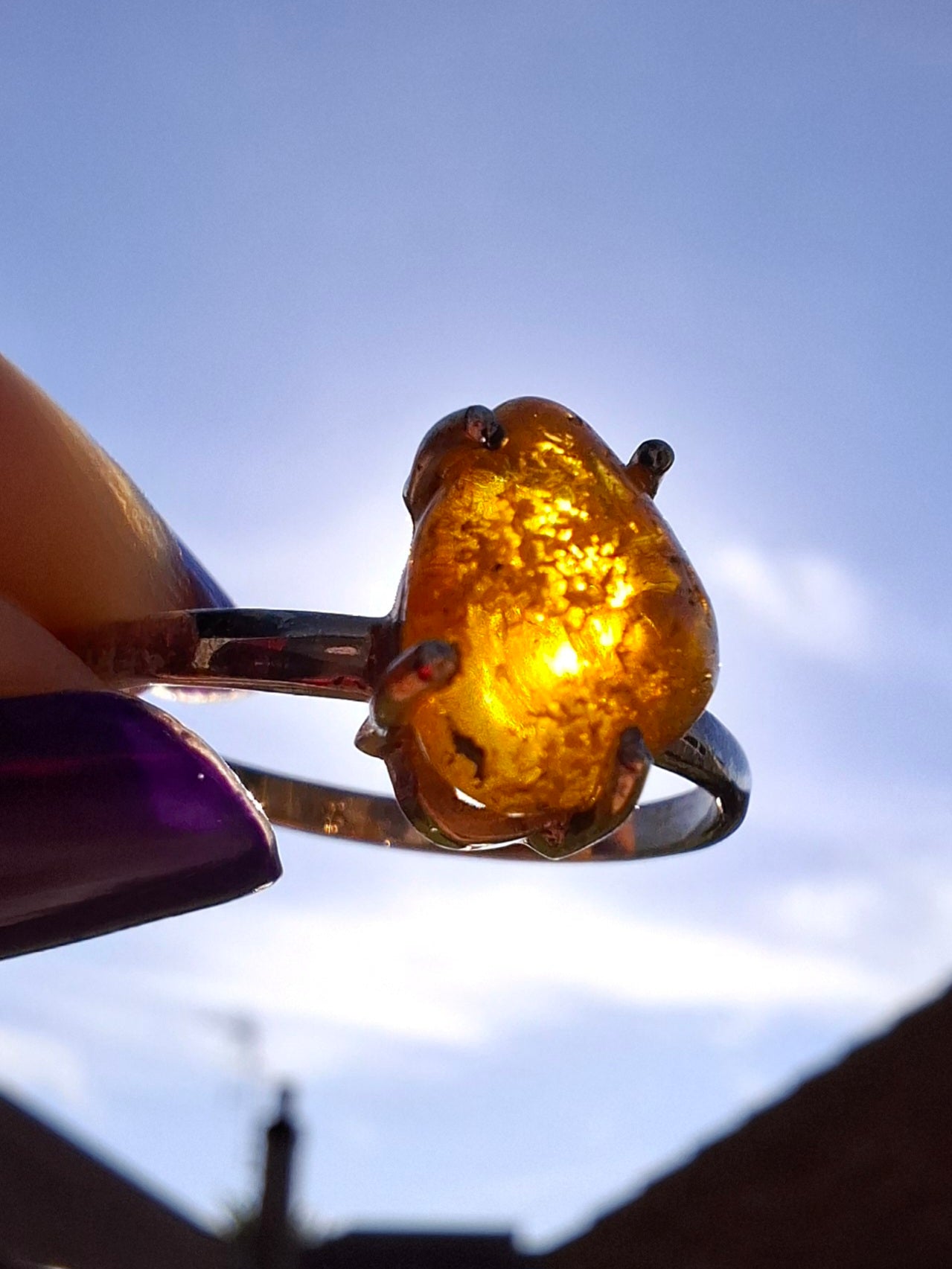 Baltic Amber Ring, size large Y, 925 Silver, Fossil (Ref: AR37)