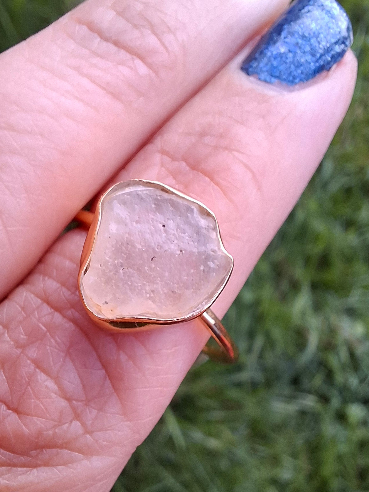 Libyan Desert Glass Ring, 14K GOLD Plated, size large R, Tektite (Ref: LR76)