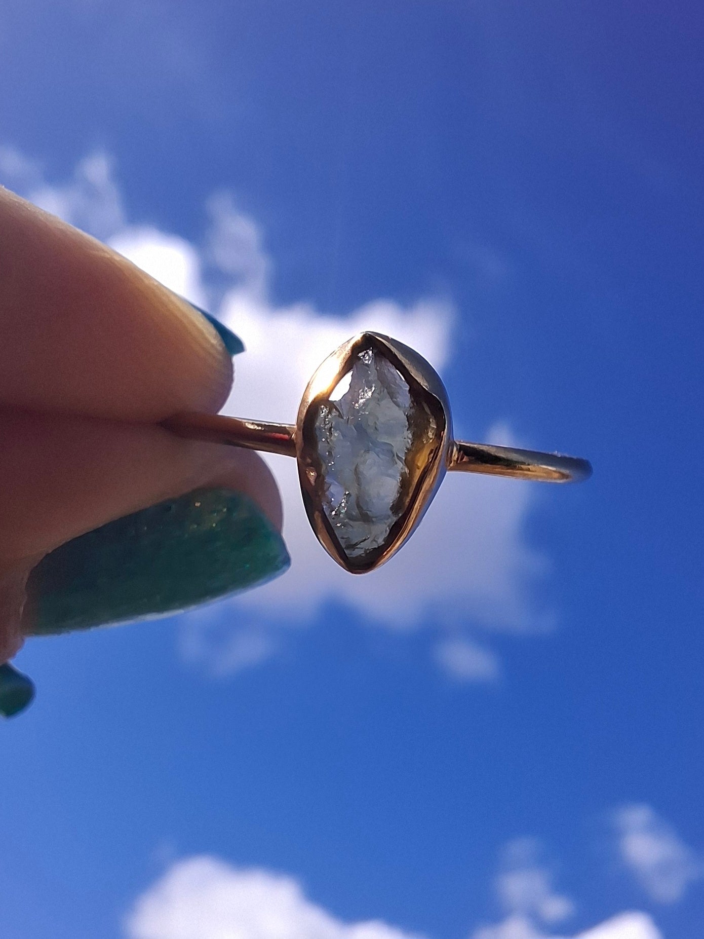 Moldavite Ring, 14K GOLD Plated, size large T, Tektite (Ref: R347)