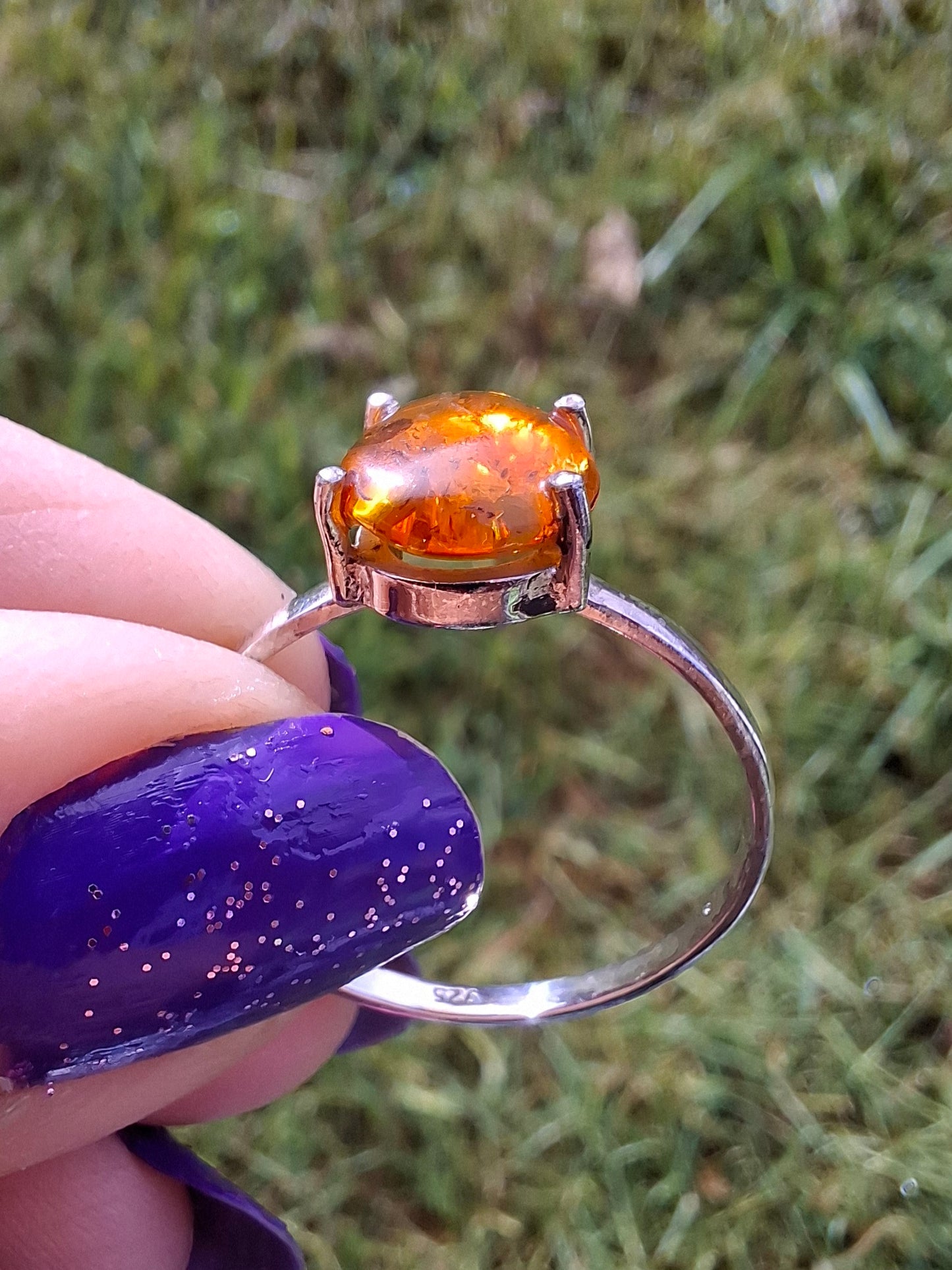 Baltic Amber Ring, size large W, 925 Silver, Fossil (Ref: AR27)