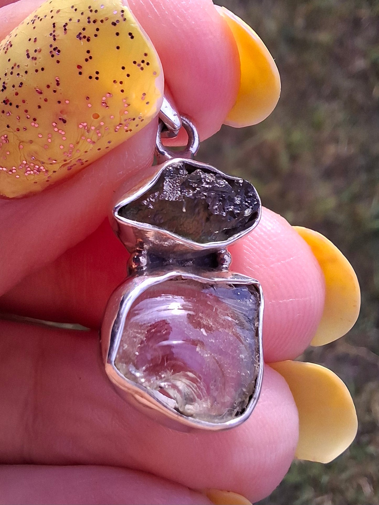 Moldavite & Libyan Desert Glass Pendant, 925 Silver, Tektite (Ref: MLP13)