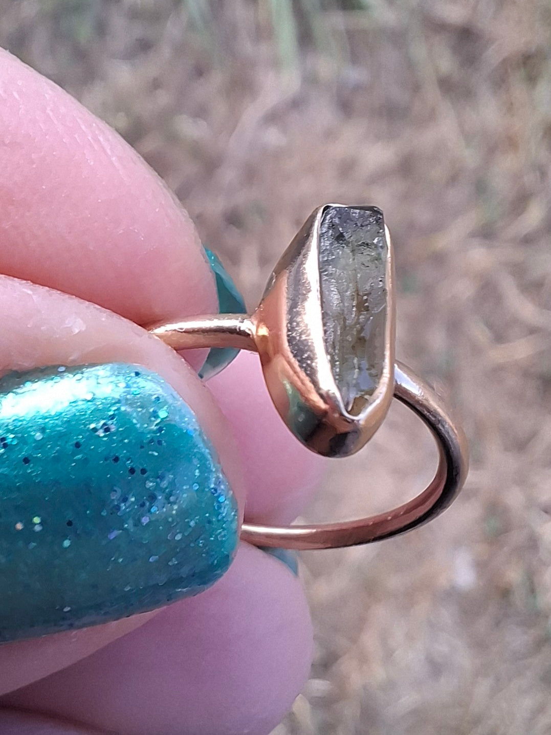 Moldavite Ring, 14K GOLD Plated, size large K / small L, Tektite (Ref: R335)