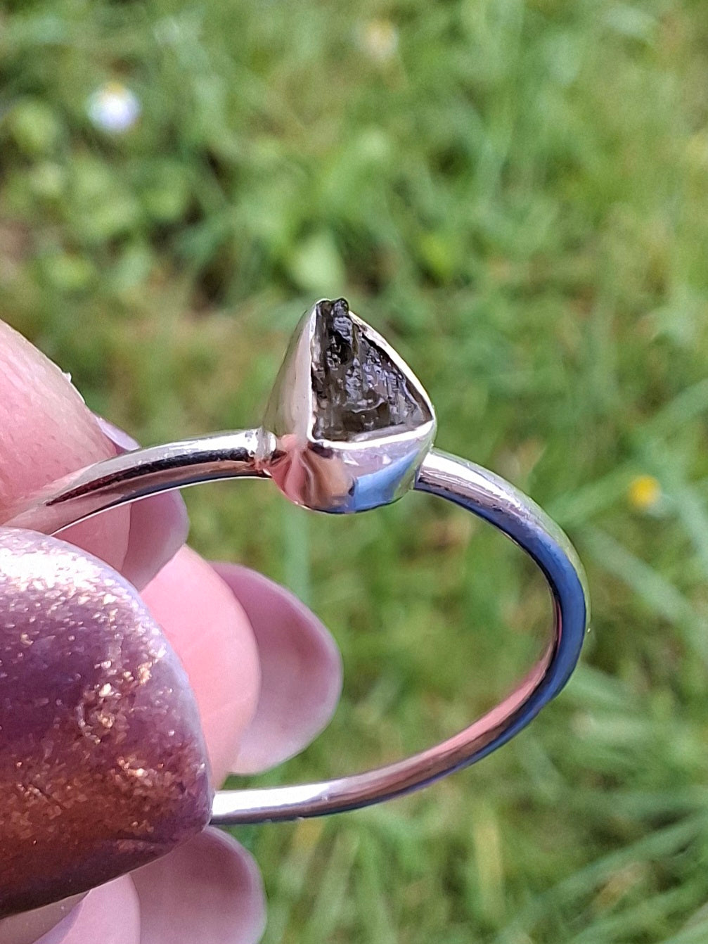 Moldavite Ring, size small T, 925 silver, Tektite (Ref: 56)
