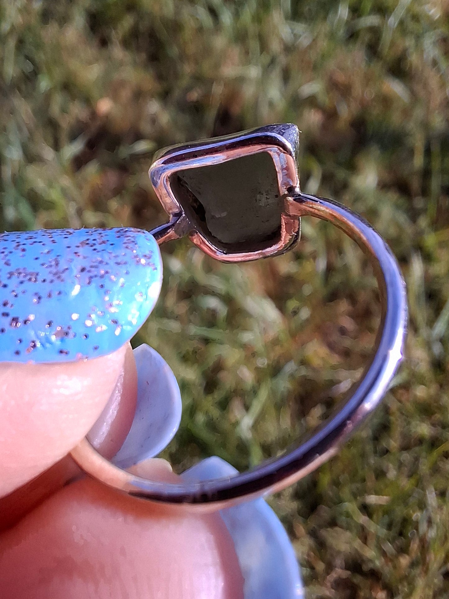 Moldavite Ring, size large P/small Q, 925 Silver, Tektite (Ref: R26)
