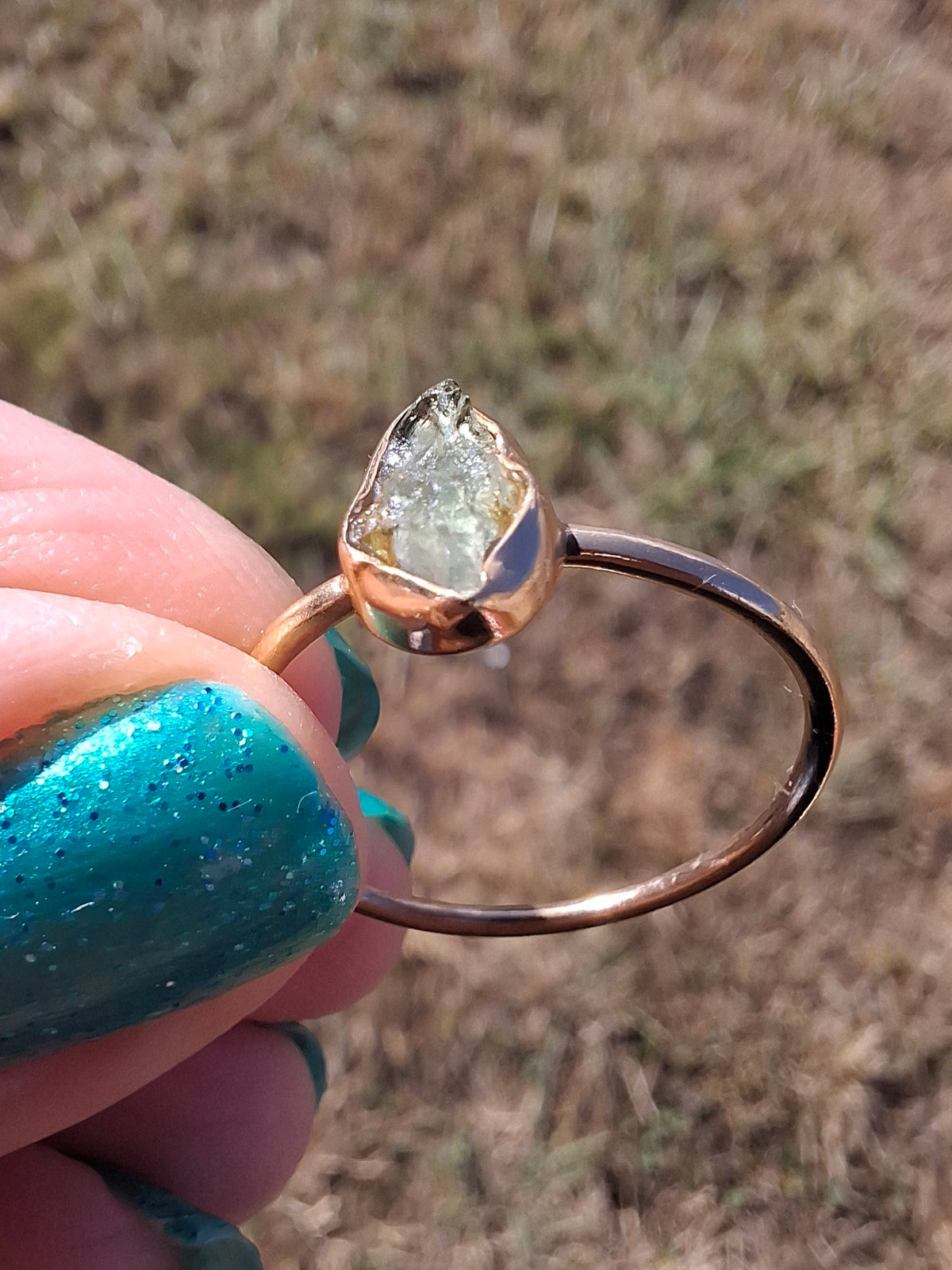 Moldavite Ring, 14K GOLD Plated, size large T, Tektite (Ref: R347)