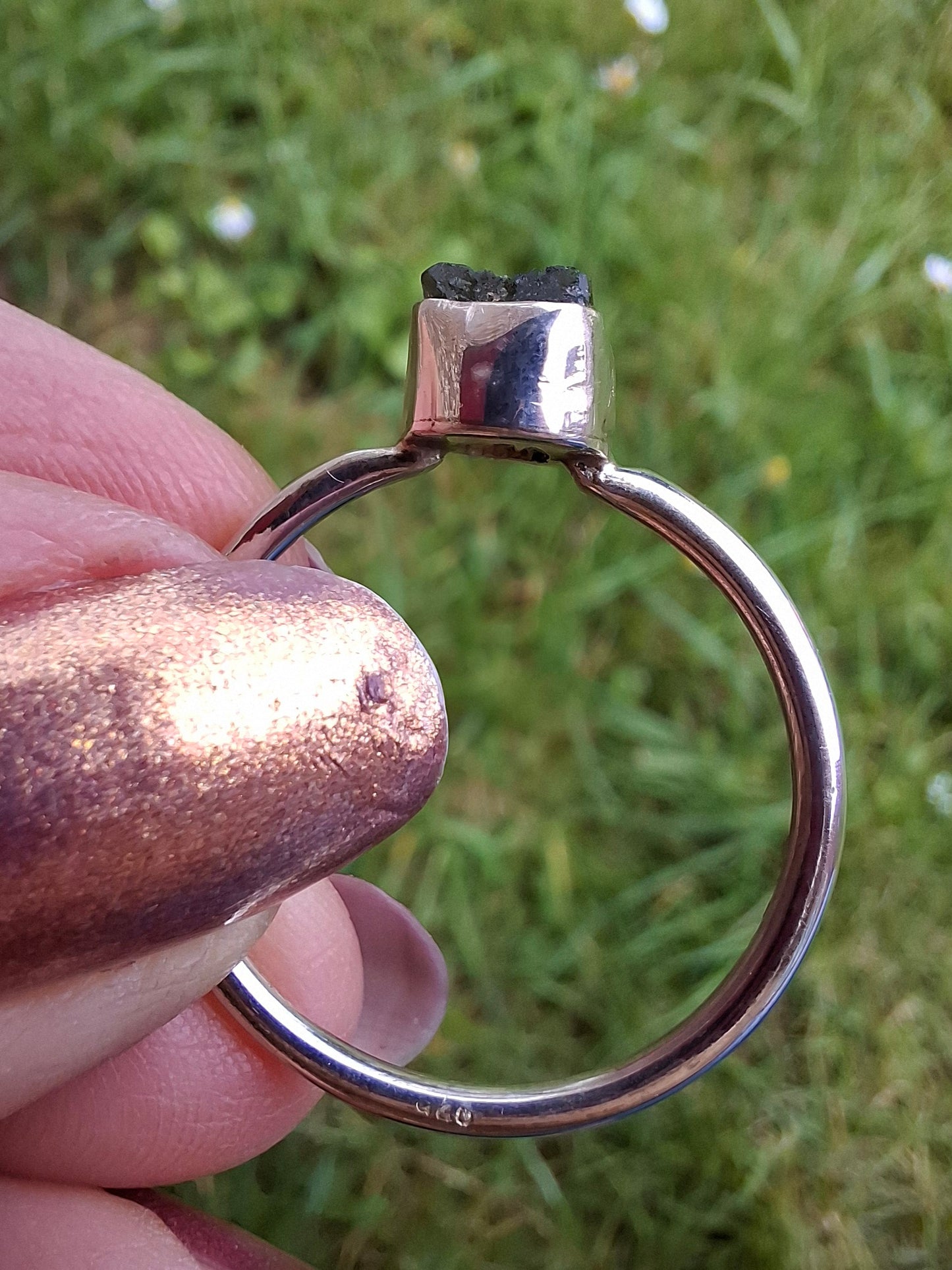 Moldavite Ring, size small W, 925 Silver, Tektite (Ref: R59)