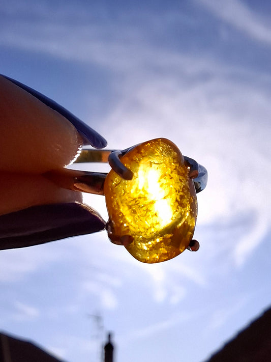 Baltic Amber Ring, size large O, 925 Silver, Fossil (Ref: AR12)
