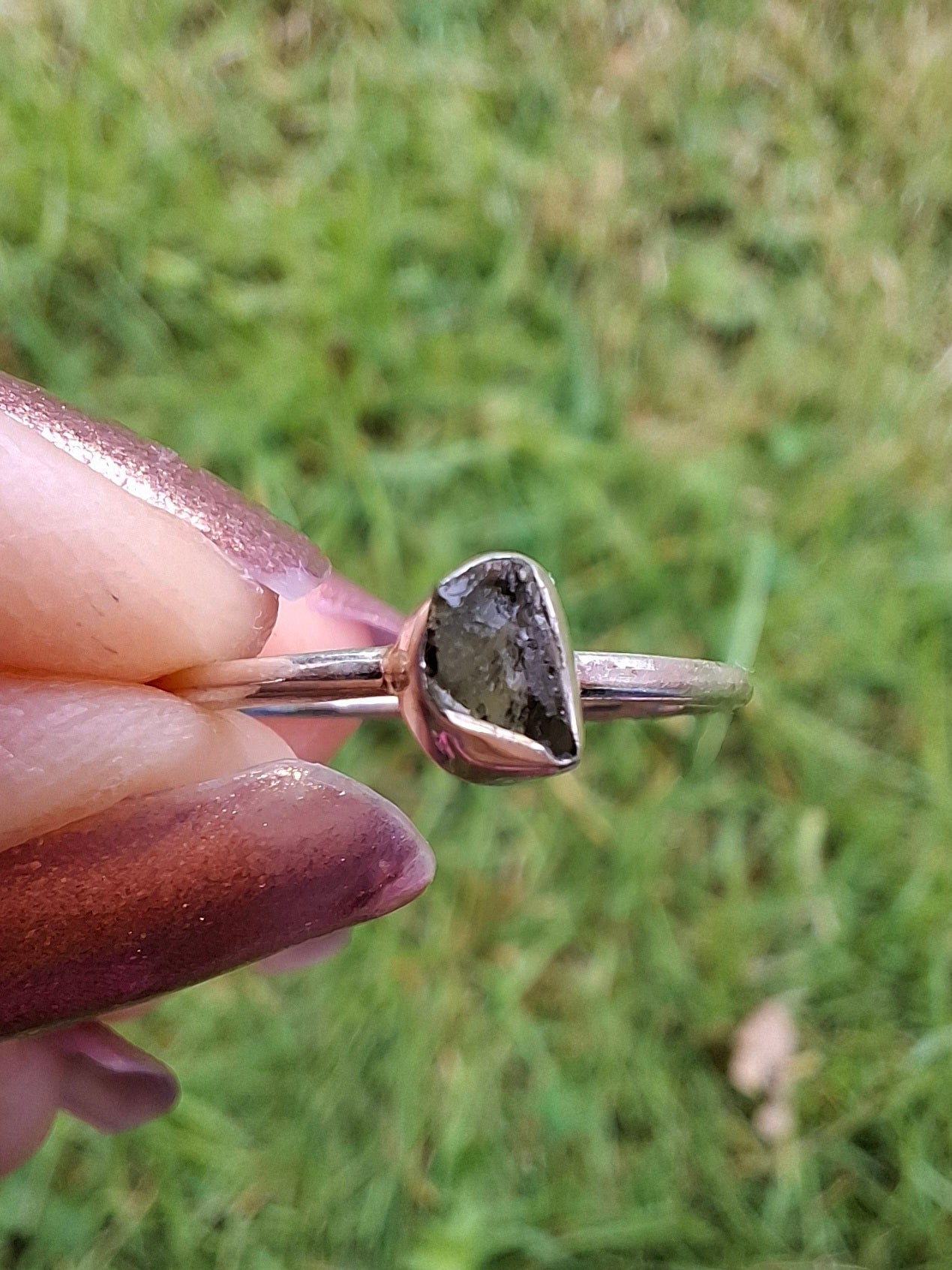 Moldavite Ring, size large M, 925 Silver, Tektite (Ref: R38)