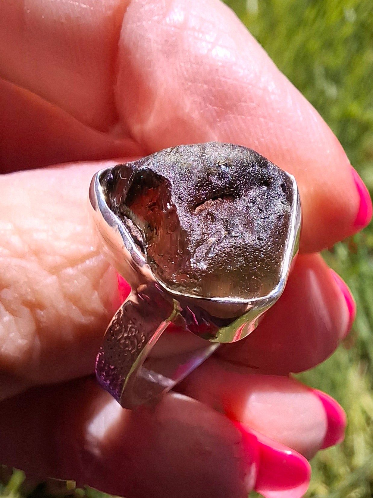 Moldavite Ring, size R, 925 Silver, Tektite (Ref: R317)