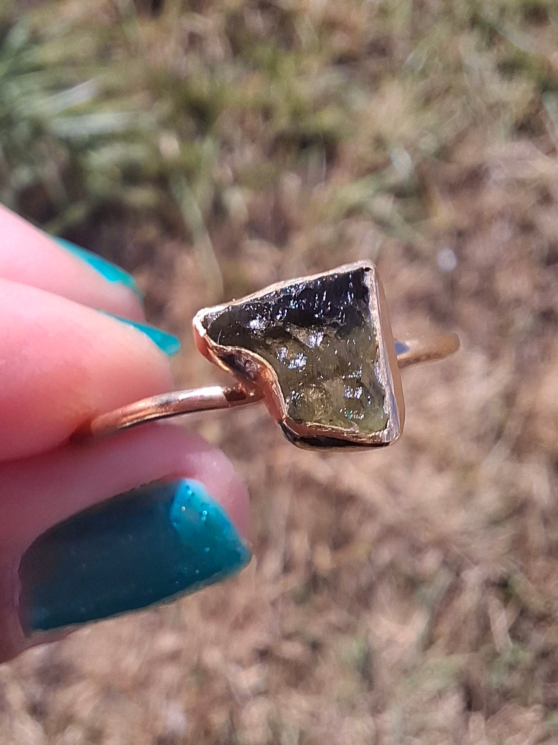 Moldavite Ring, 14K GOLD Plated, size large U, Tektite (Ref: R351)