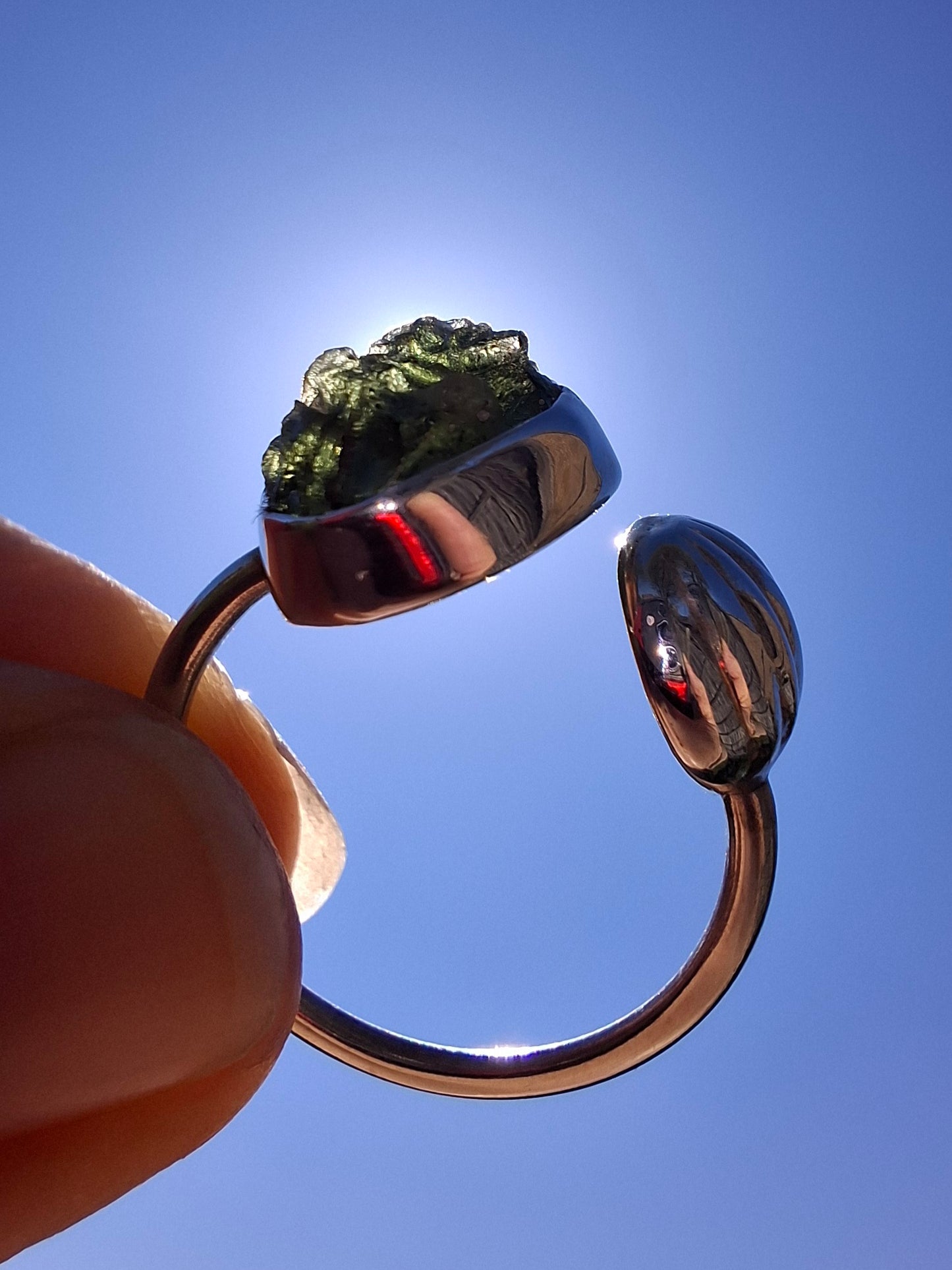 Moldavite ADJUSTABLE Ring, size large R, 925 Silver, Tektite (Ref: AR49)