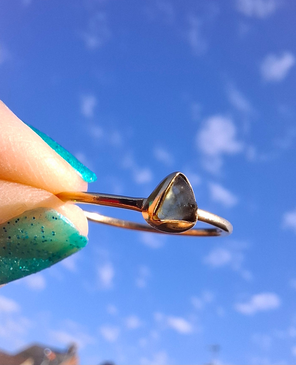 Moldavite Ring, 14K GOLD Plated, size large T, Tektite (Ref: R349)
