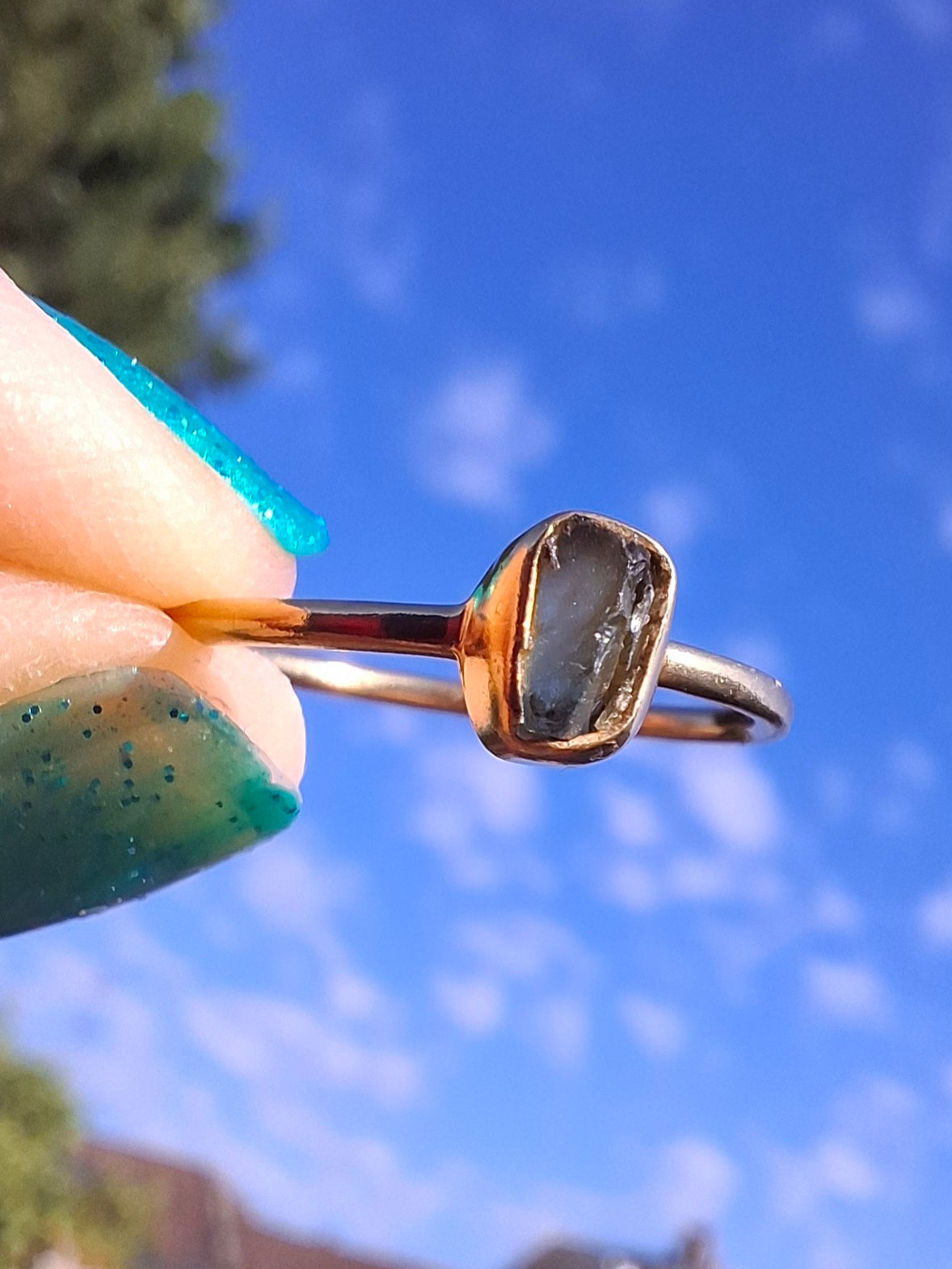 Moldavite Ring, 14K GOLD Plated, size large M, Tektite (Ref: R337)