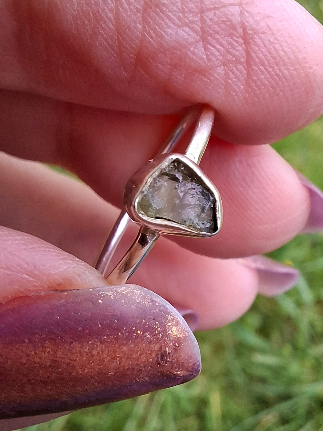 Moldavite Ring, size large L/small M, 925 Silver, Tektite (Ref: R50)
