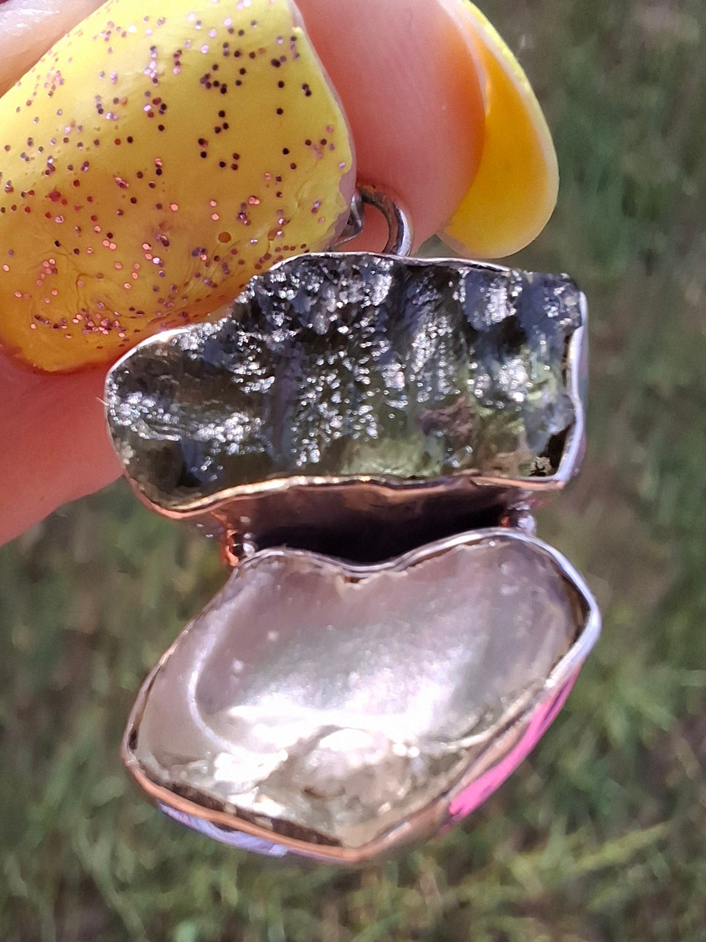 Moldavite & Libyan Desert Glass Pendant, 925 Silver, Tektite (Ref: MLP5)