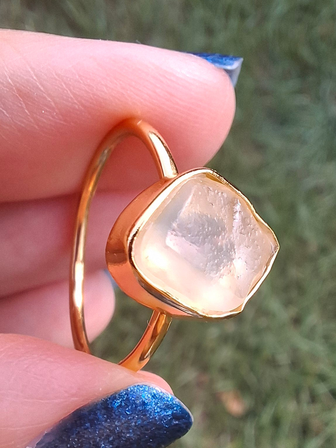 Libyan Desert Glass Ring, 14K GOLD Plated, size large T, Tektite (Ref: LR83)