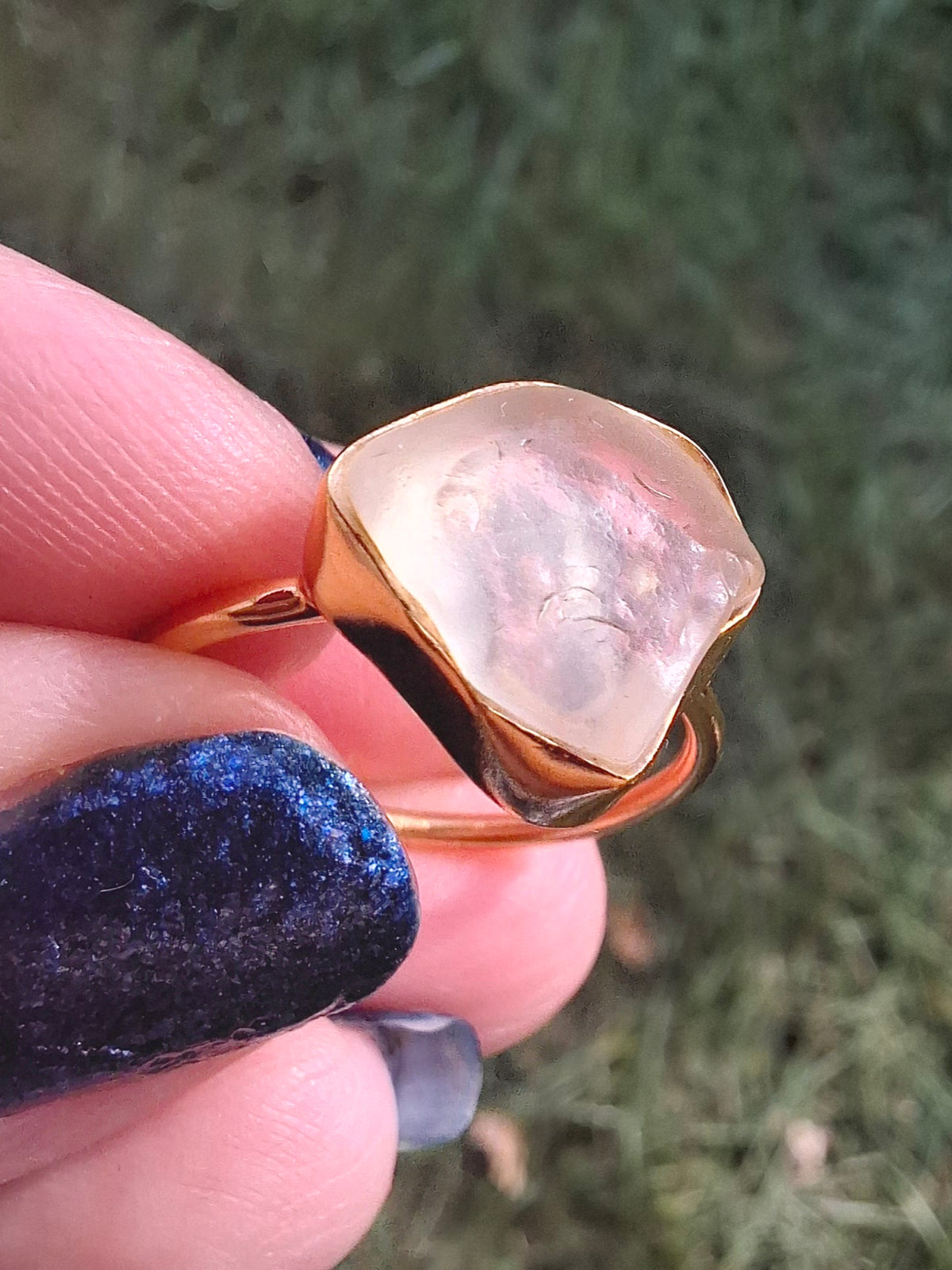 Libyan Desert Glass Ring, 14K GOLD Plated, size large P, Tektite (Ref: LR67)
