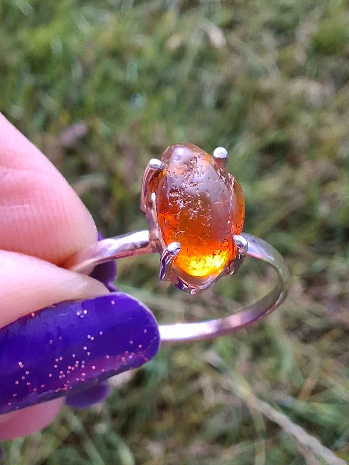 Baltic Amber Ring, size large W, 925 Silver, Fossil (Ref: AR29)
