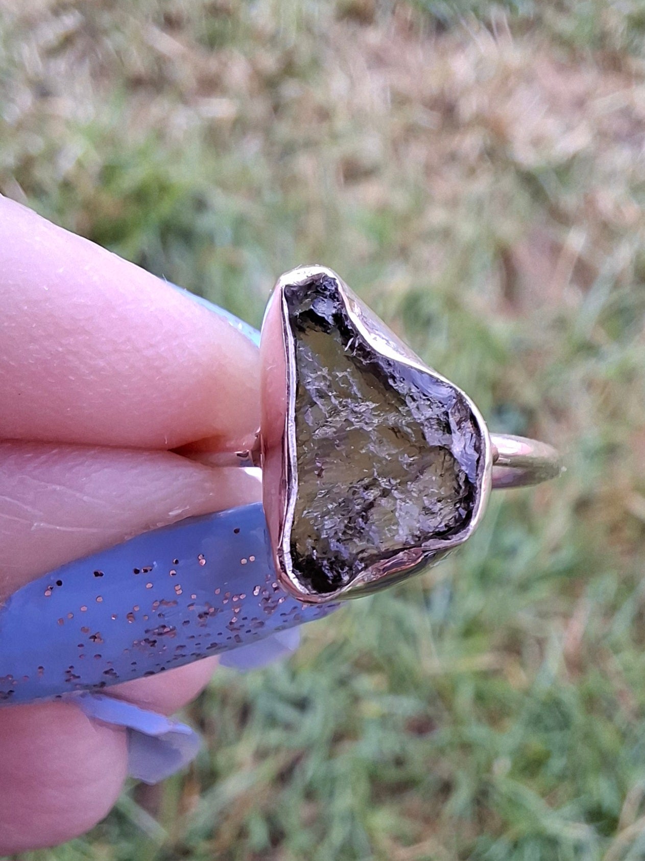 Moldavite Ring, size large M, 925 Silver, Tektite (Ref: R23)